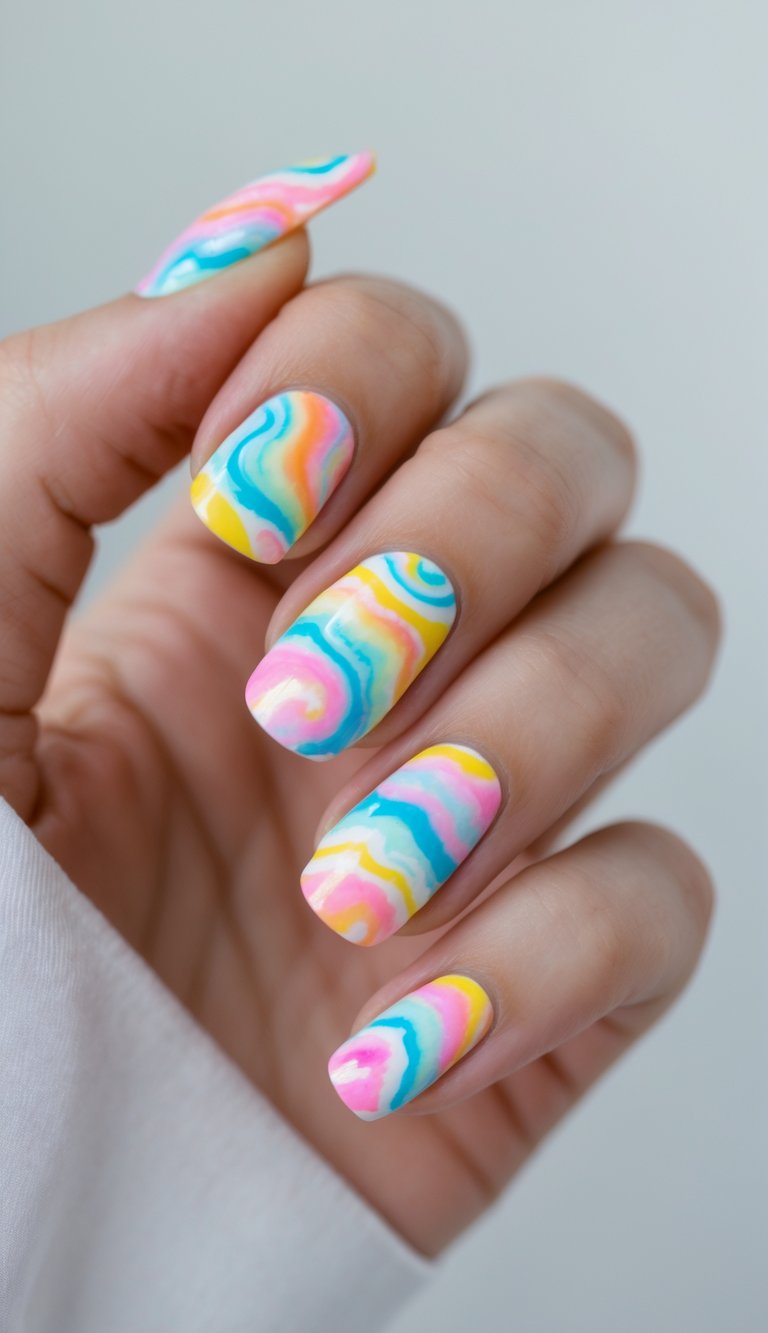 Close-up of one hand with colorful tie-dye patterned nails against a white background.