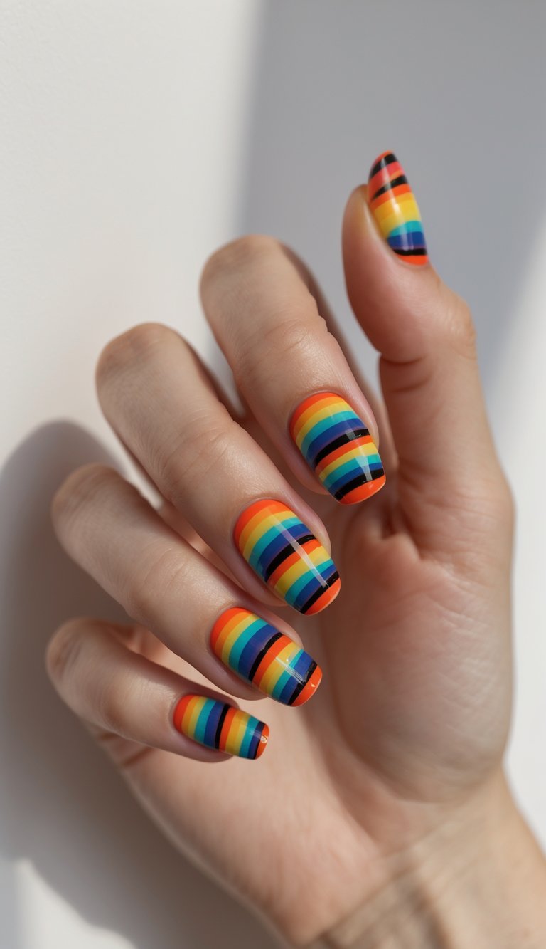 Close-up of one hand with colorful striped nails outlined in black on a white background.