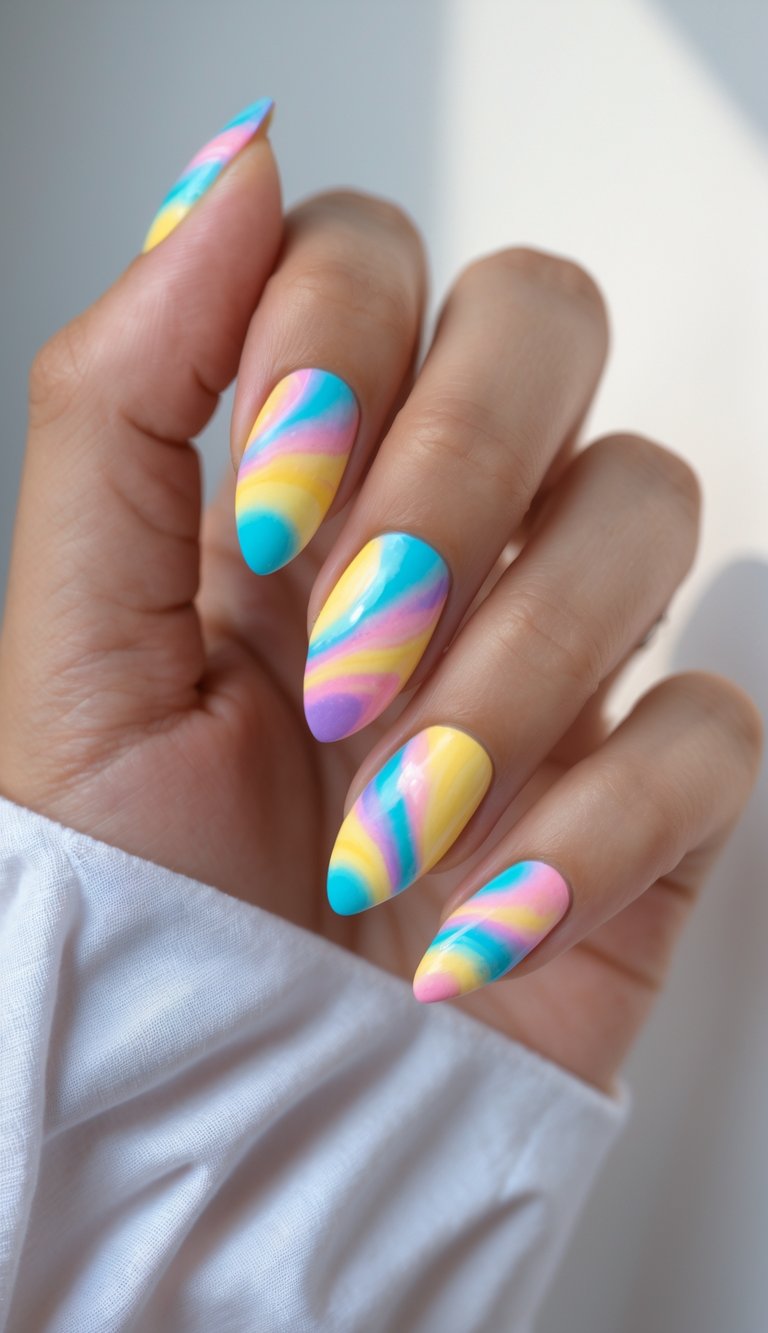 Close-up of one hand with almond-shaped nails painted in colorful tie-dye swirl patterns against a white background.