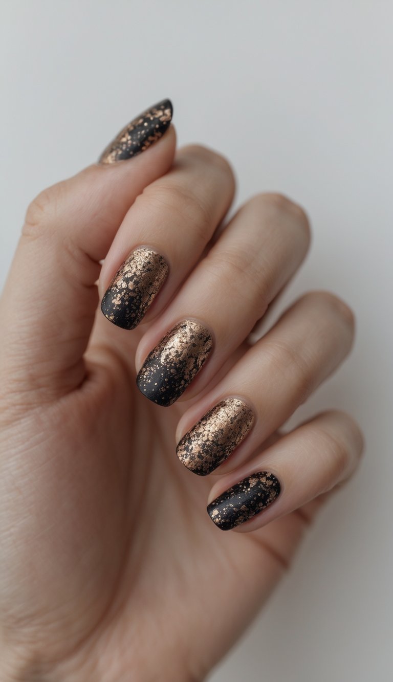 Close-up of one hand with black and bronze speckled metallic nails against a white background.