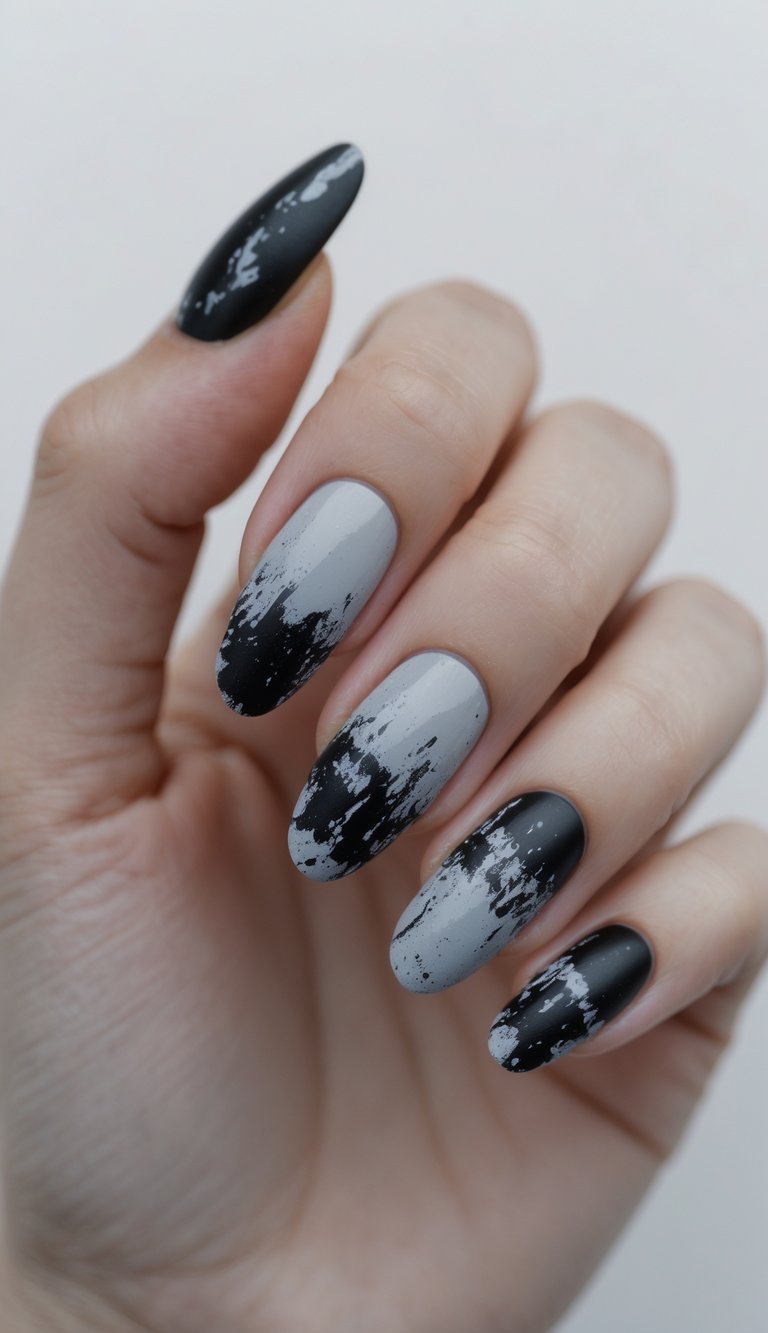 Close-up of one hand with black and gray distressed nails against a white background.