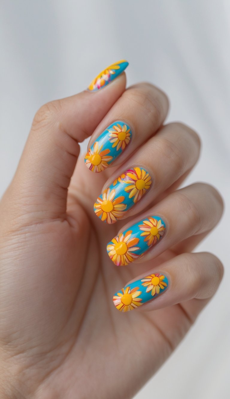 Close-up of one hand showing nails decorated with colorful daisy flower designs against a white background.