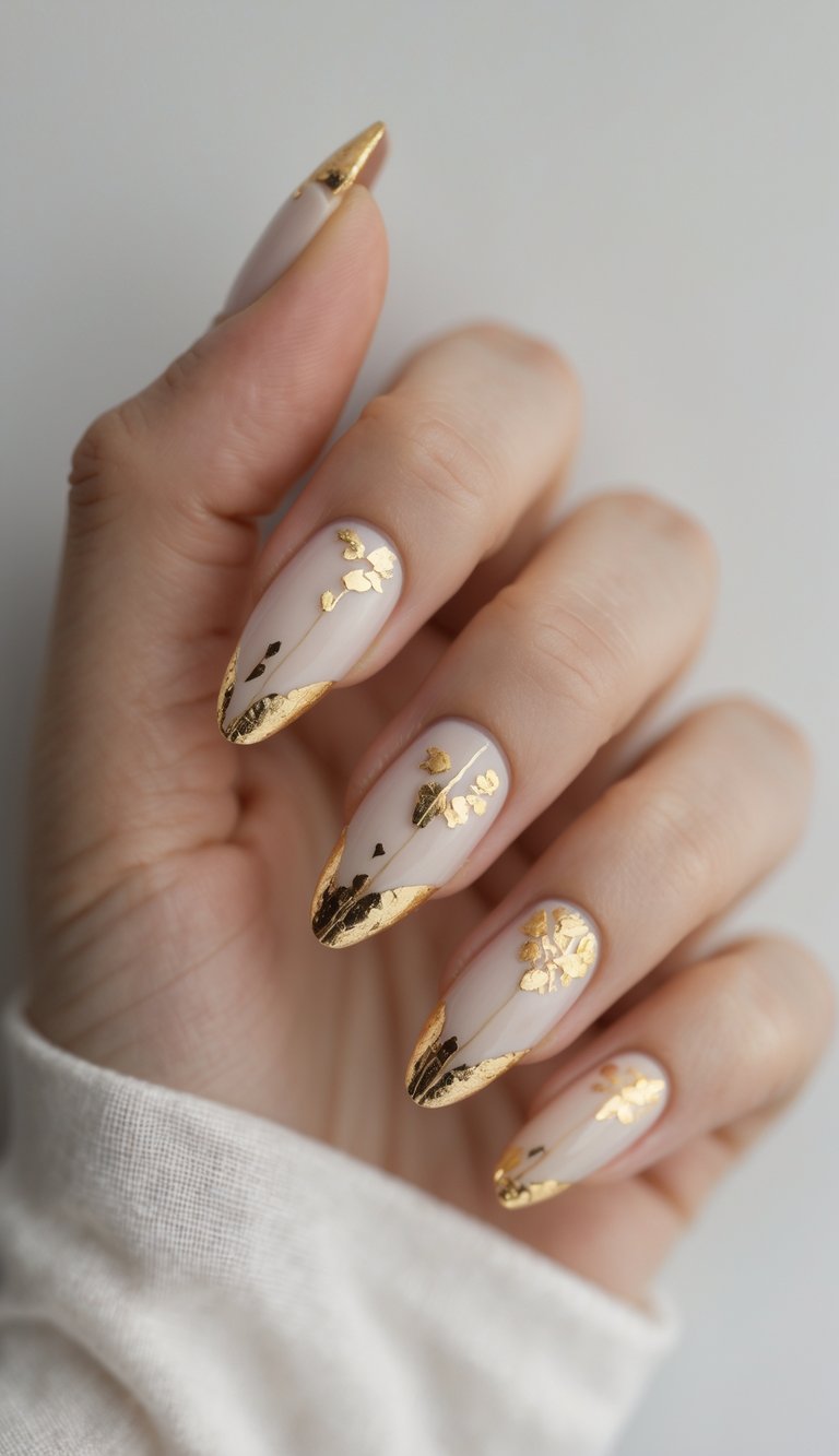 Close-up of a single hand with manicured nails featuring gold foil accents on a white background.