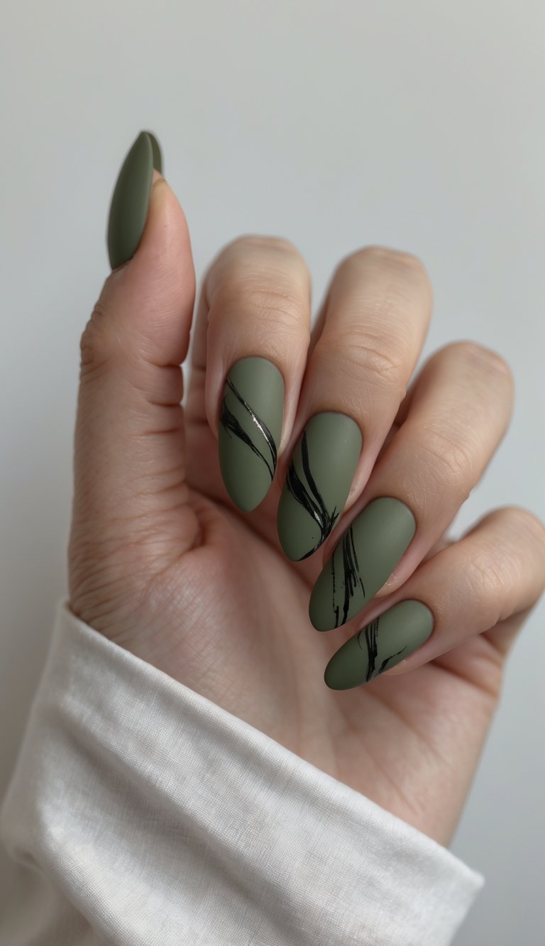 Close-up of one hand with matte olive green nails featuring black streak accents against a white background.
