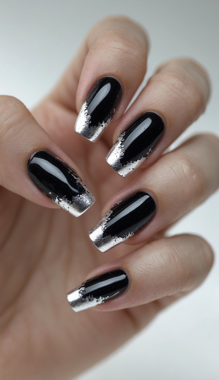 Close-up of one hand with black nails and silver tips against a white background.