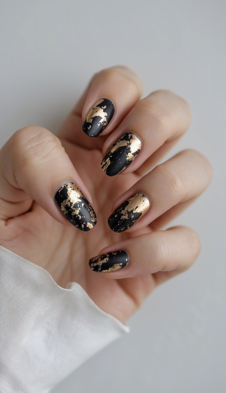 Close-up of one hand with black distressed foil and ink blotch nail art on a white background.