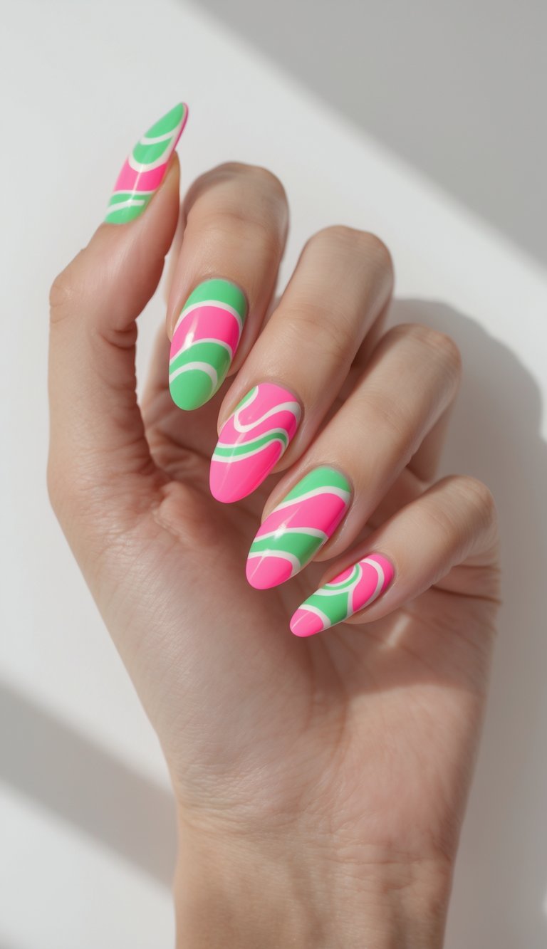 Close-up of one hand with neon pink and green swirl nail art on a white background.