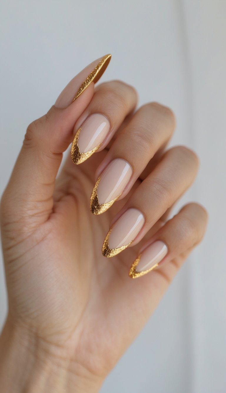 Close-up of one hand with neatly manicured nails featuring French tips with thin gold edges against a white background.