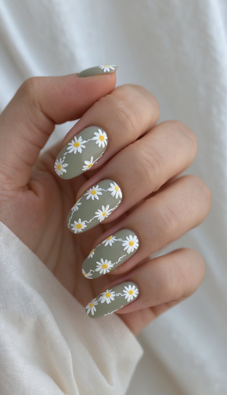 Close-up of one hand with nails painted in pastel colors featuring white daisy chain designs on a white background.