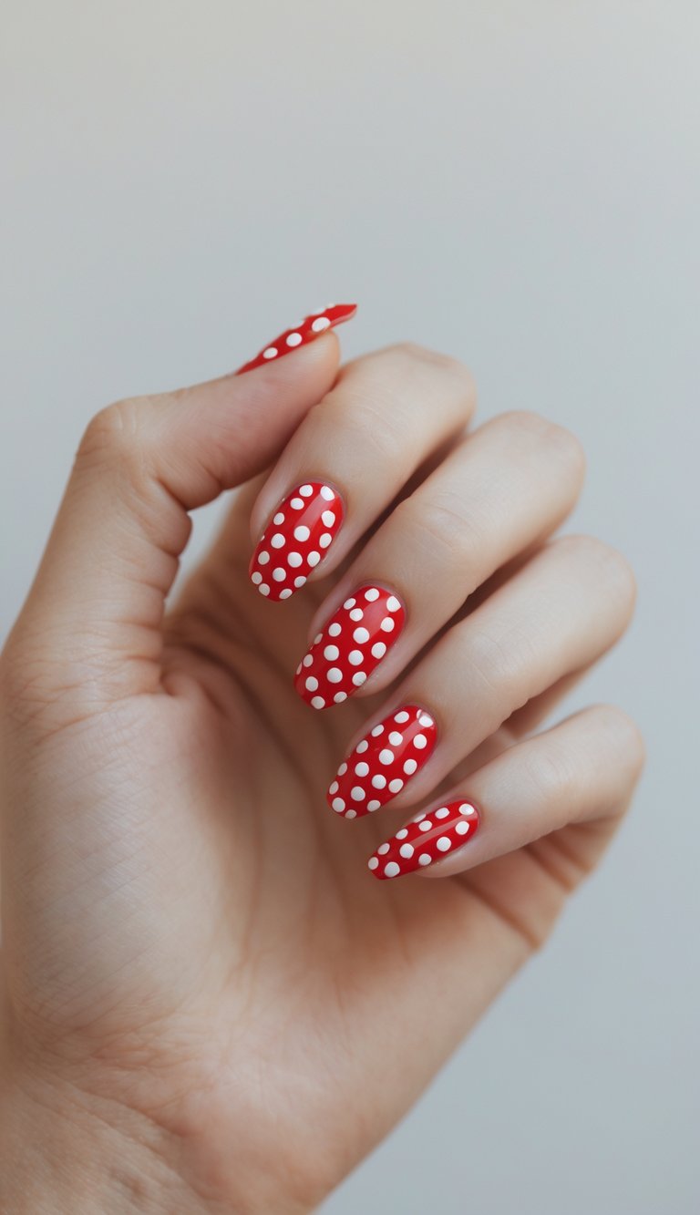 Close-up of one hand with red nails decorated with white polka dots against a white background.