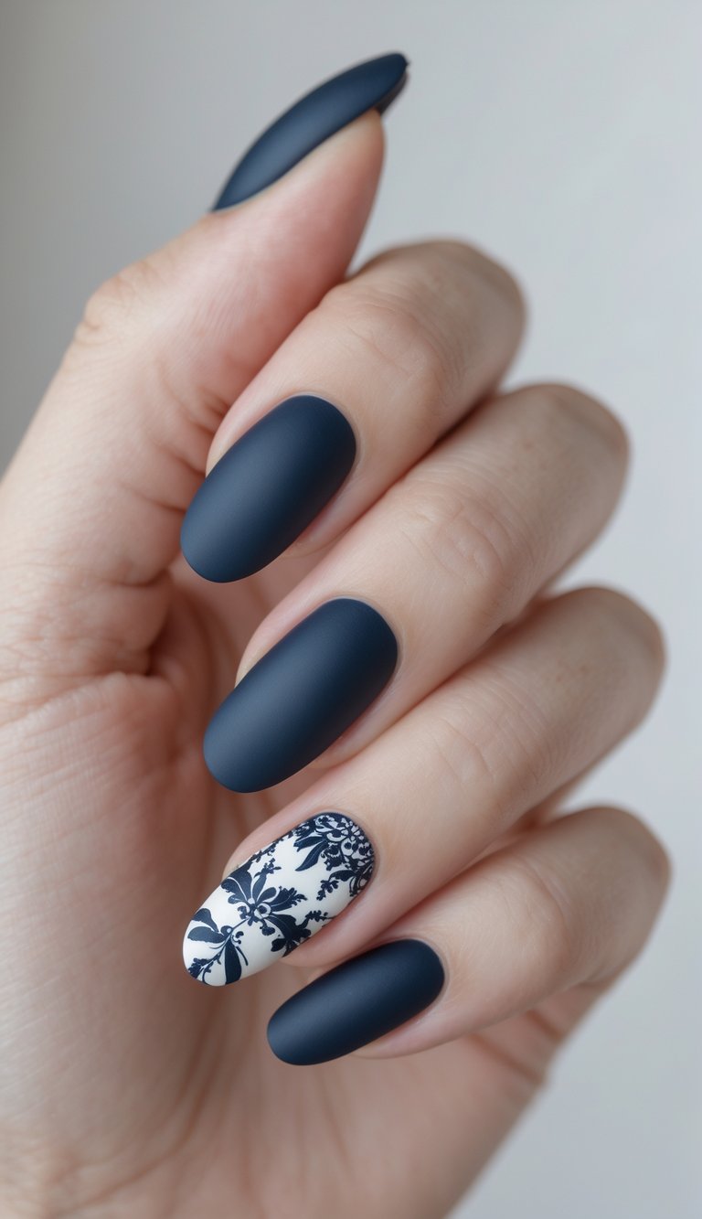 Close-up of one hand with navy blue matte nails featuring detailed vintage nail art on a white background.