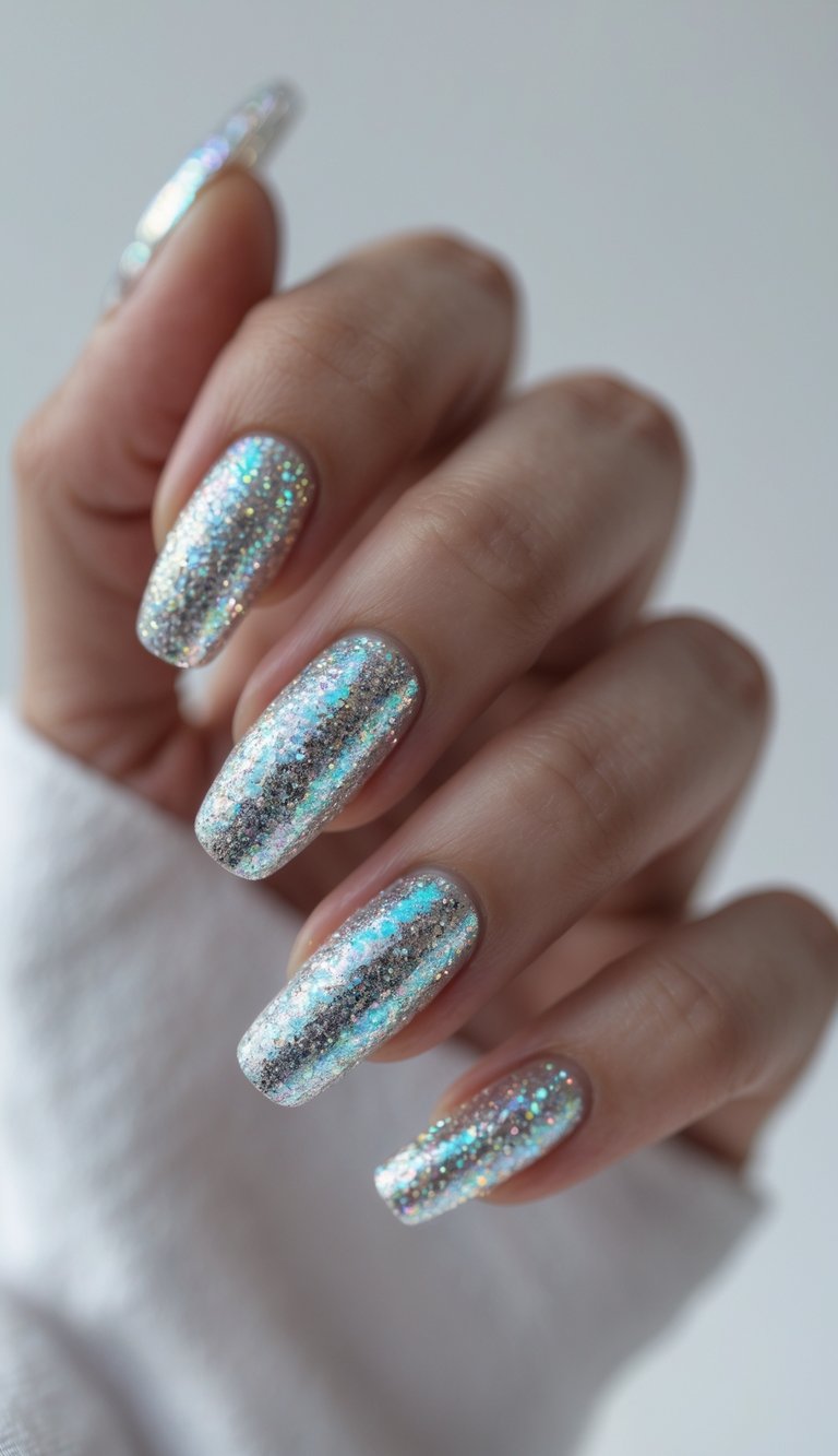 Close-up of one hand with glittery nails against a white background.