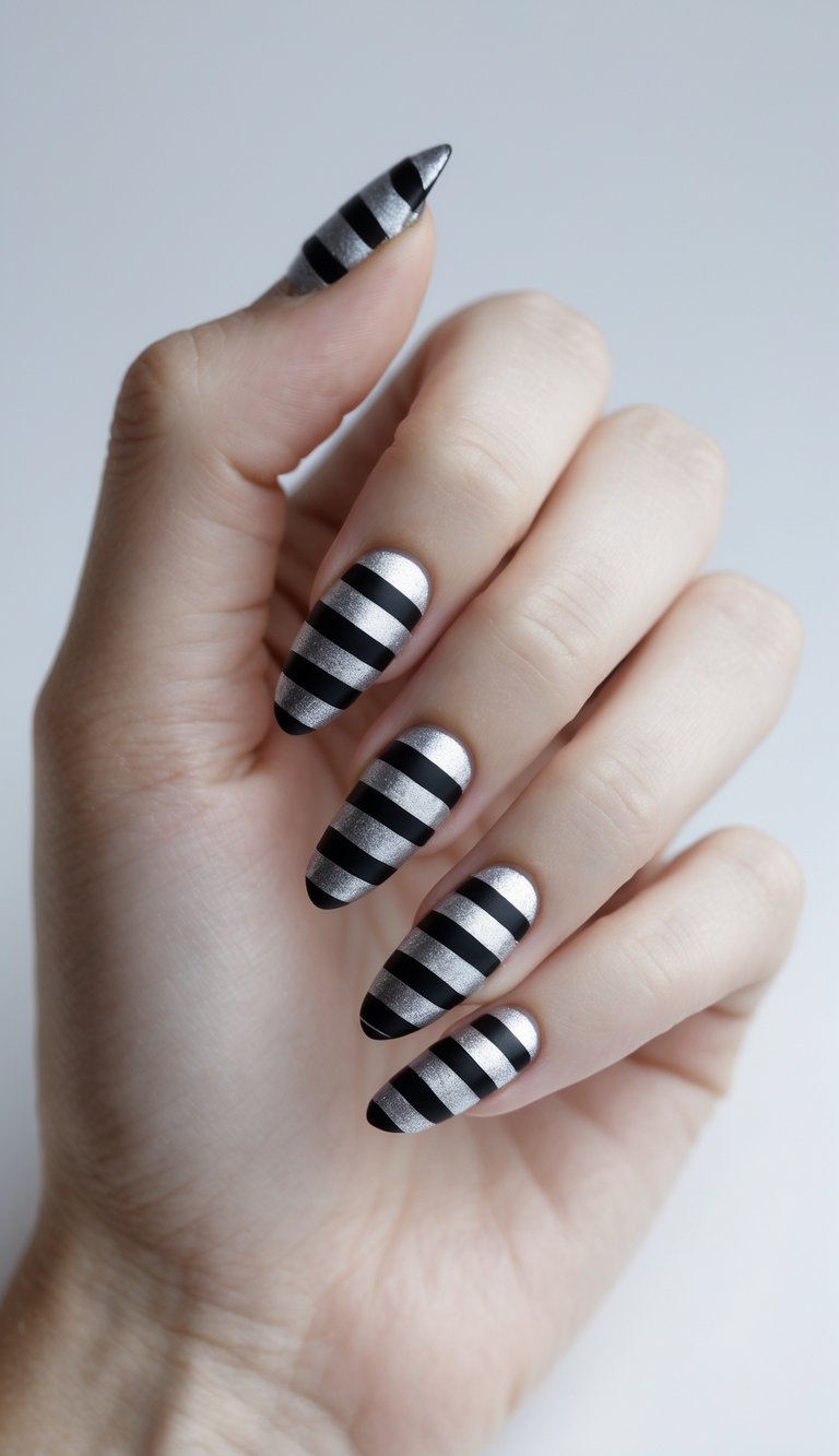 Close-up of one hand with silver and black striped nail art against a white background.