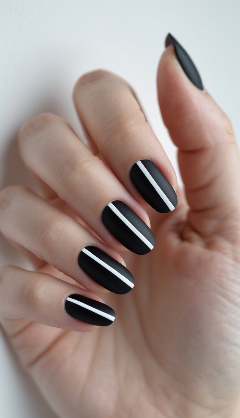 Close-up of one hand with black nails featuring white diagonal stripes against a white background.