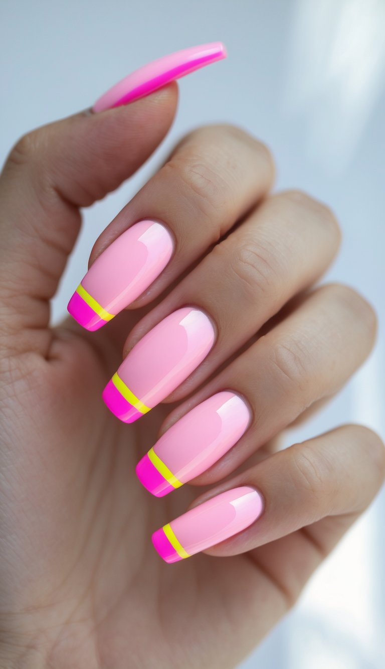 Close-up of one hand with neon French tip nails on a baby pink base against a white background.