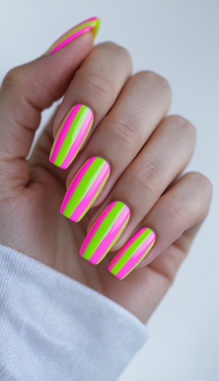 Close-up of one hand with neon striped nail art on a white background.