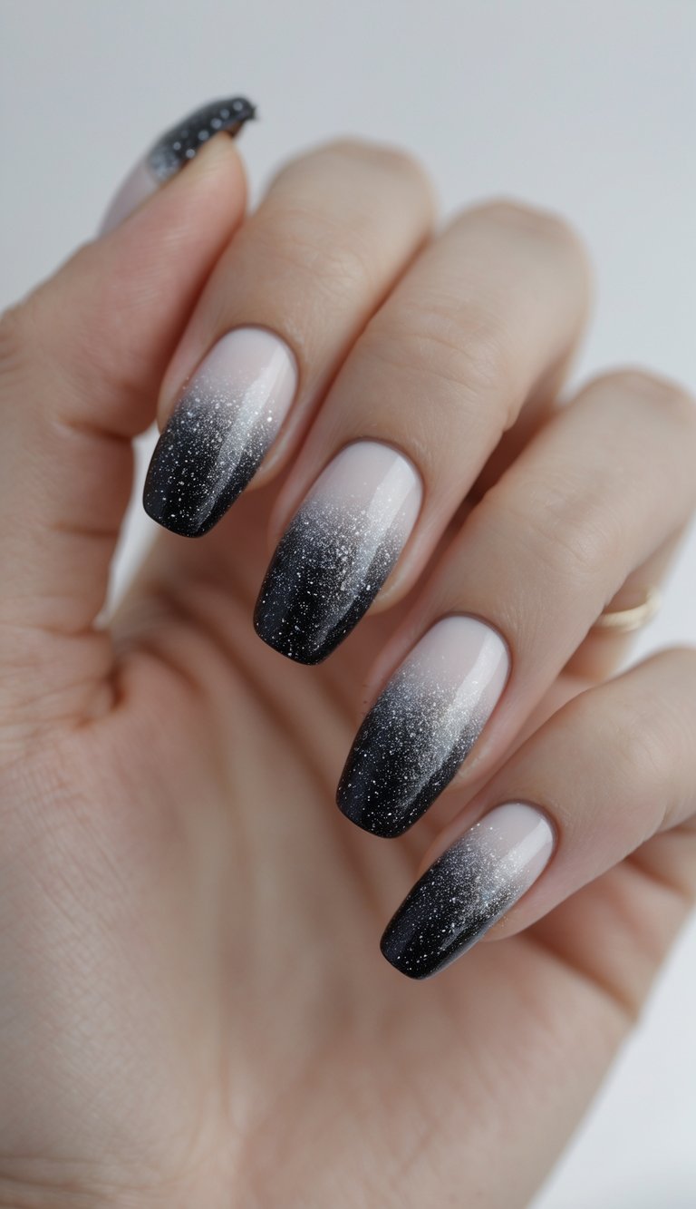 Close-up of one hand with black to gray glitter gradient nails against a white background.