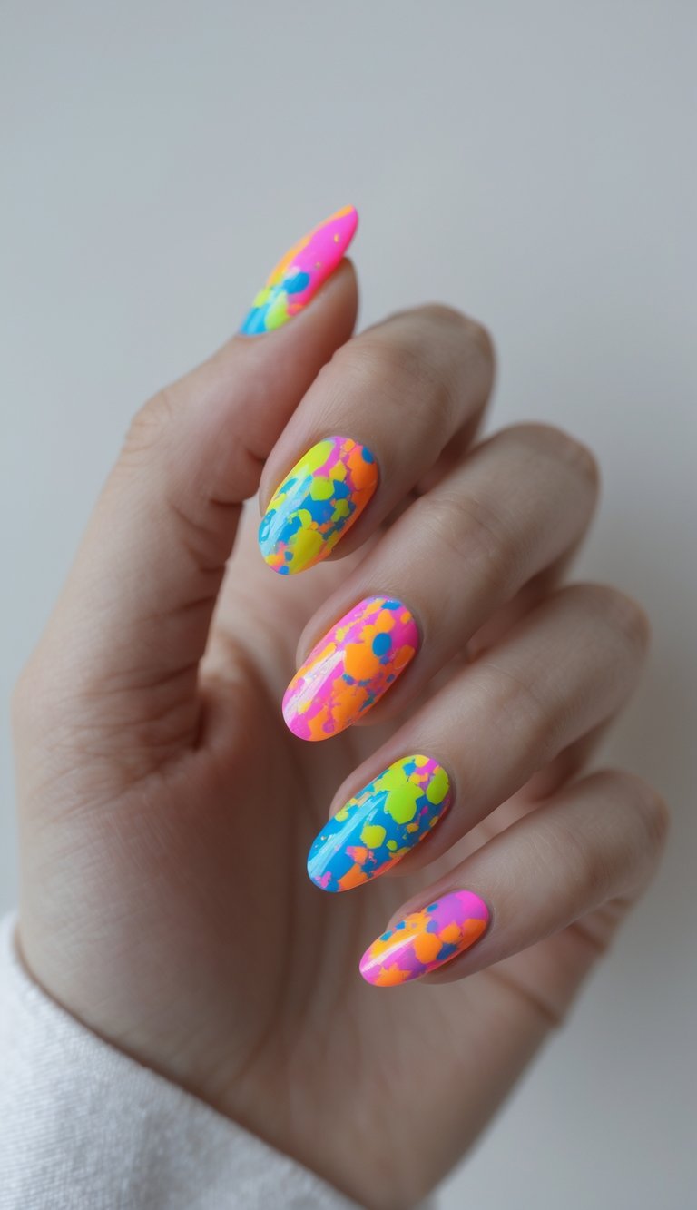 Close-up of one hand with brightly colored neon splatter nail art on a white background.