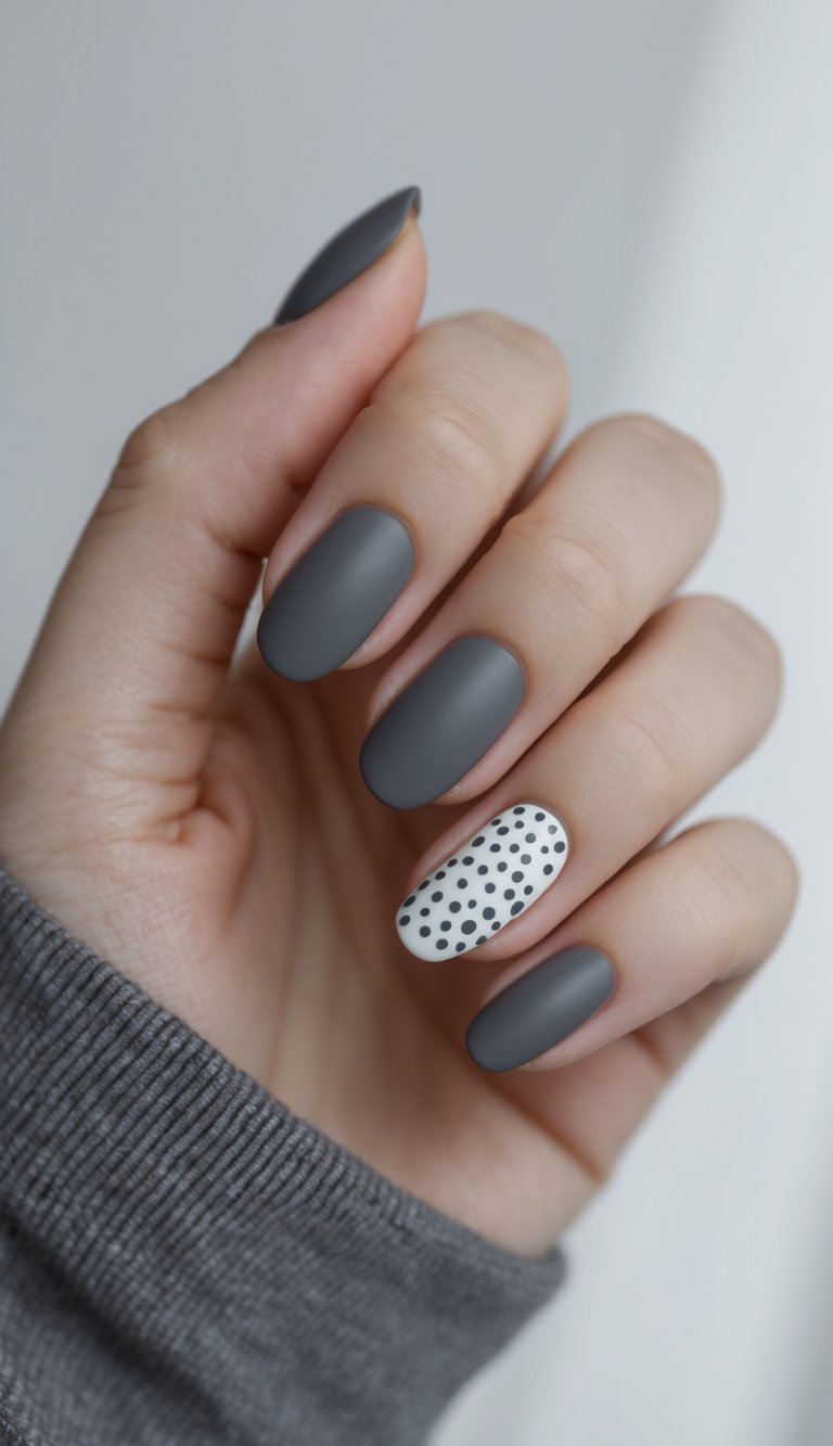 Close-up of one hand showing dark gray nails decorated with light gray dots against a white background.