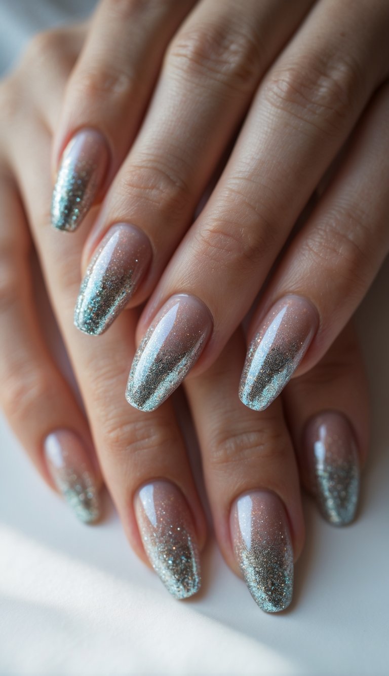 Close-up of one hand with manicured nails showing metallic French tips and glitter gradient nail art against a white background.