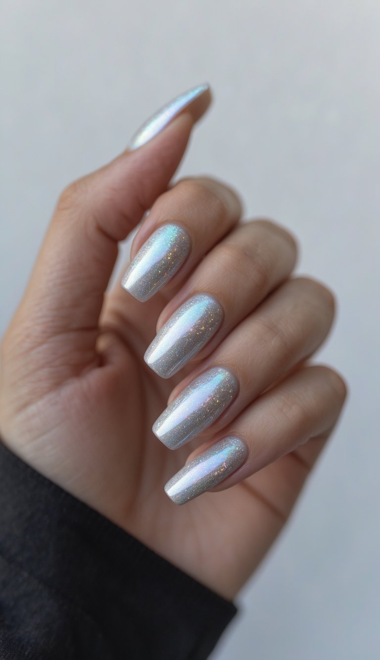 Close-up of one hand with silver holographic nails against a white background.