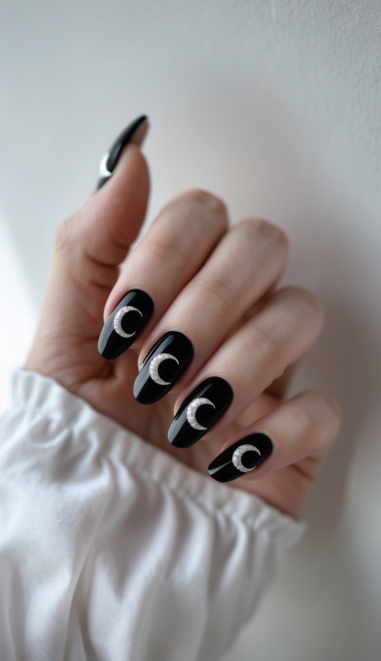 Close-up of one hand with glossy black nails decorated with silver crescent moons on a white background.
