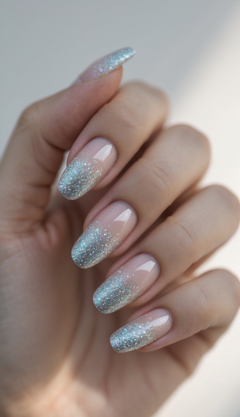 Close-up of one hand showing nails with a glitter gradient design from base to tip against a white background.