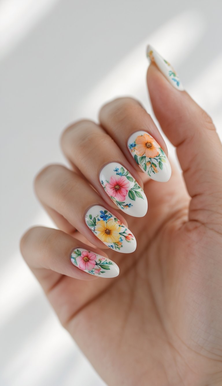 Close-up of one hand with manicured nails featuring detailed floral nail art on a white background.