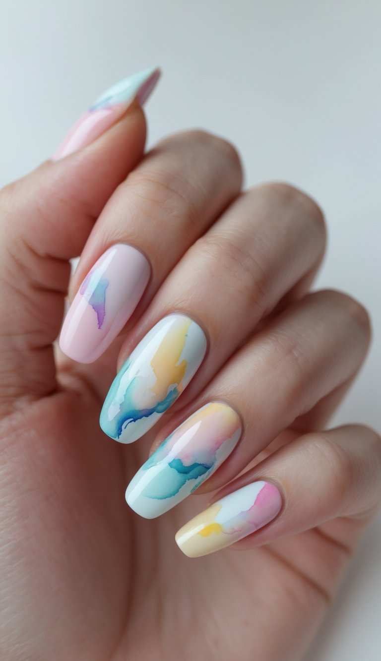 Close-up of one hand with nails painted in soft pastel watercolor designs against a white background.