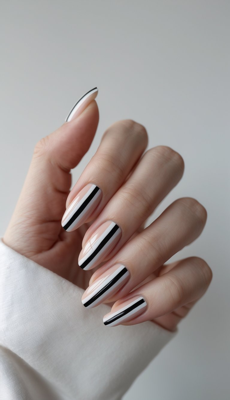 Close-up of one hand with neatly manicured nails featuring a diagonal color split design on a white background.