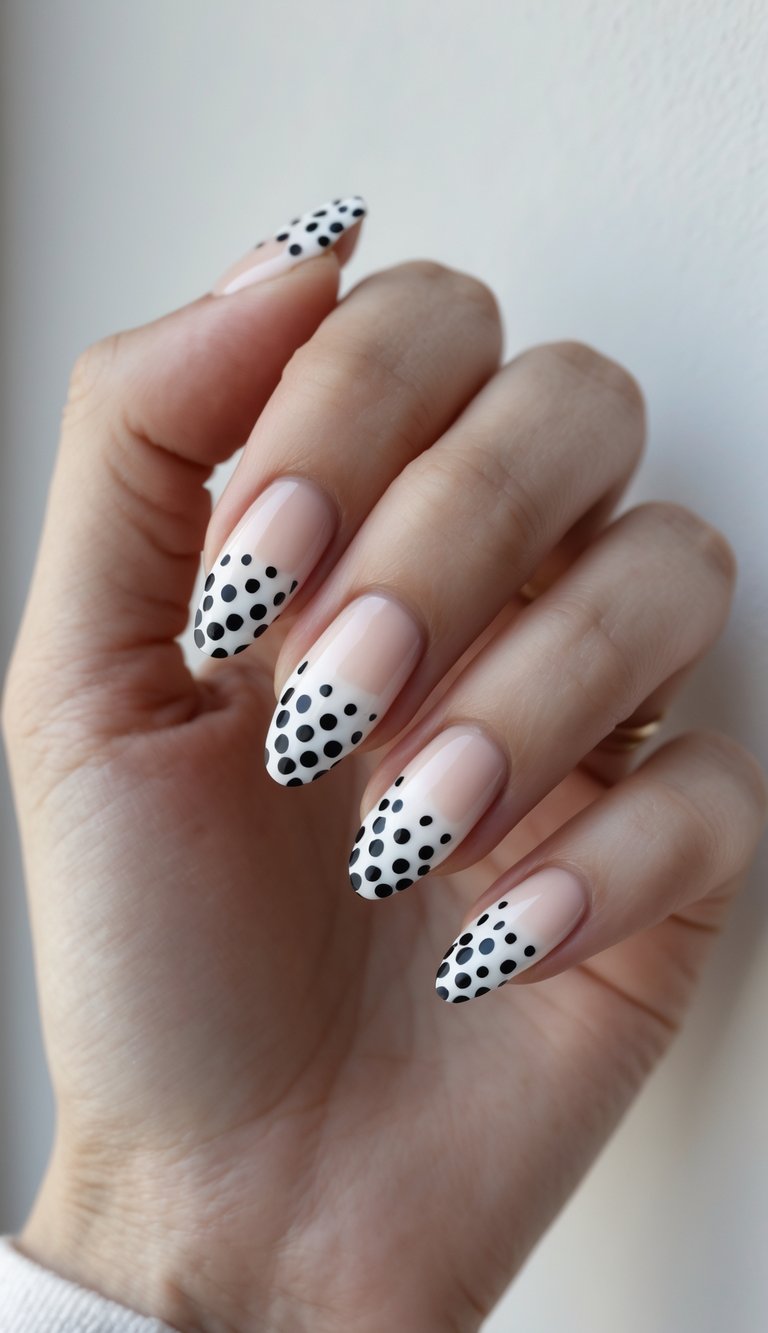 Close-up of one hand with nails painted in gradient colors and decorated with small polka dots on the tips against a white background.