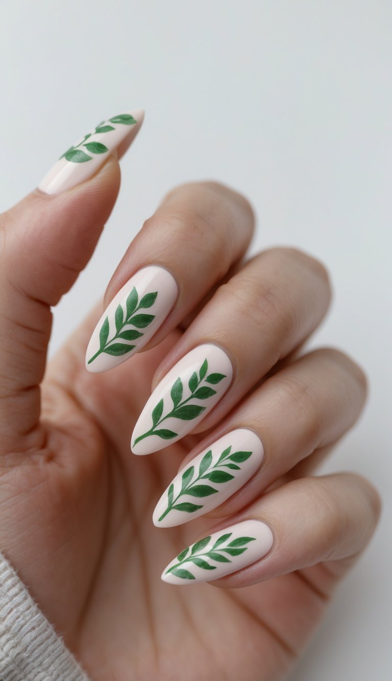 Close-up of one hand with neatly manicured nails featuring green leaf designs on a white background.