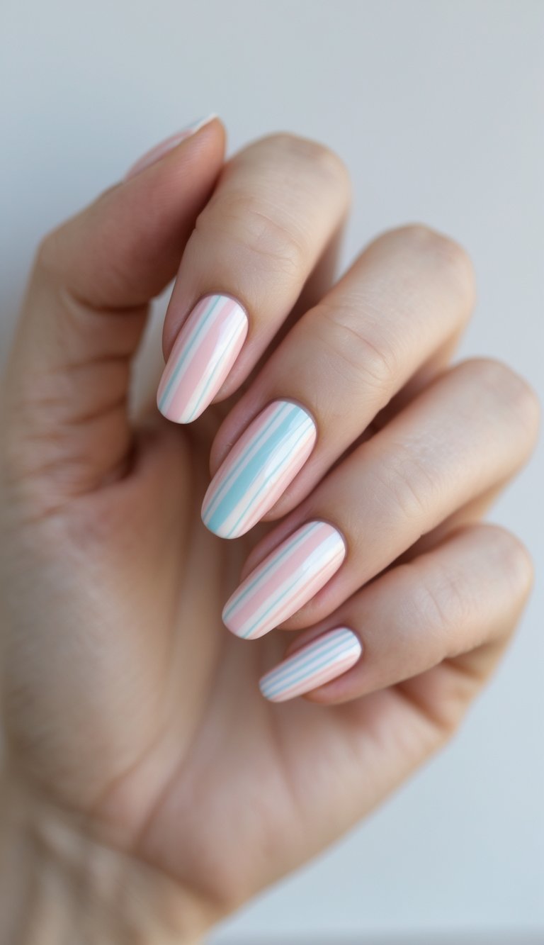 Close-up of one hand with neatly painted nails featuring thin pastel candy stripe designs on a white background.