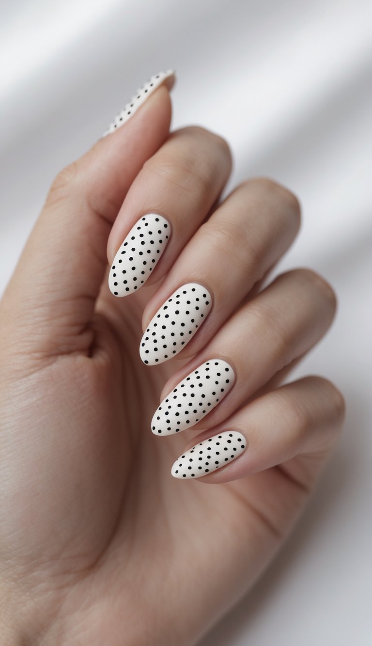 Close-up of one hand showing nails painted with small polka dots on a matte base against a white background.
