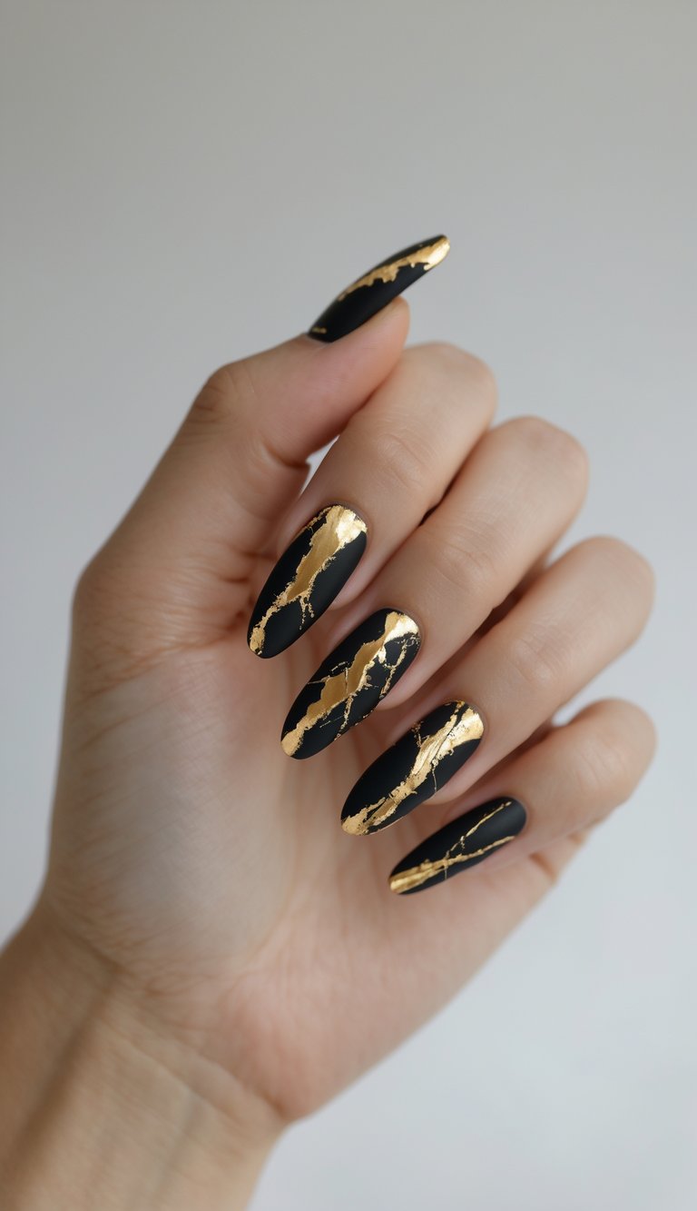 Close-up of one hand with black and gold cracked nail art on a white background.