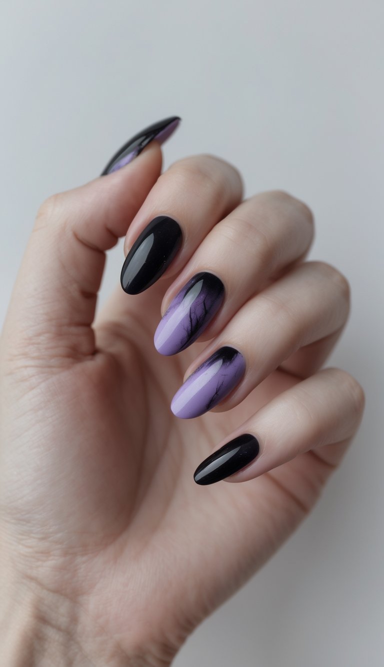 Close-up of one hand with manicured nails painted in soft black with purple hints against a white background.