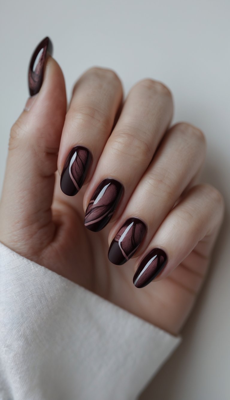 Close-up of a hand with dark red nail polish and negative space nail art against a white background.