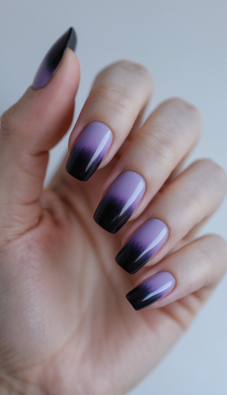 Close-up of one hand with black nails featuring a subtle purple gradient on a white background.