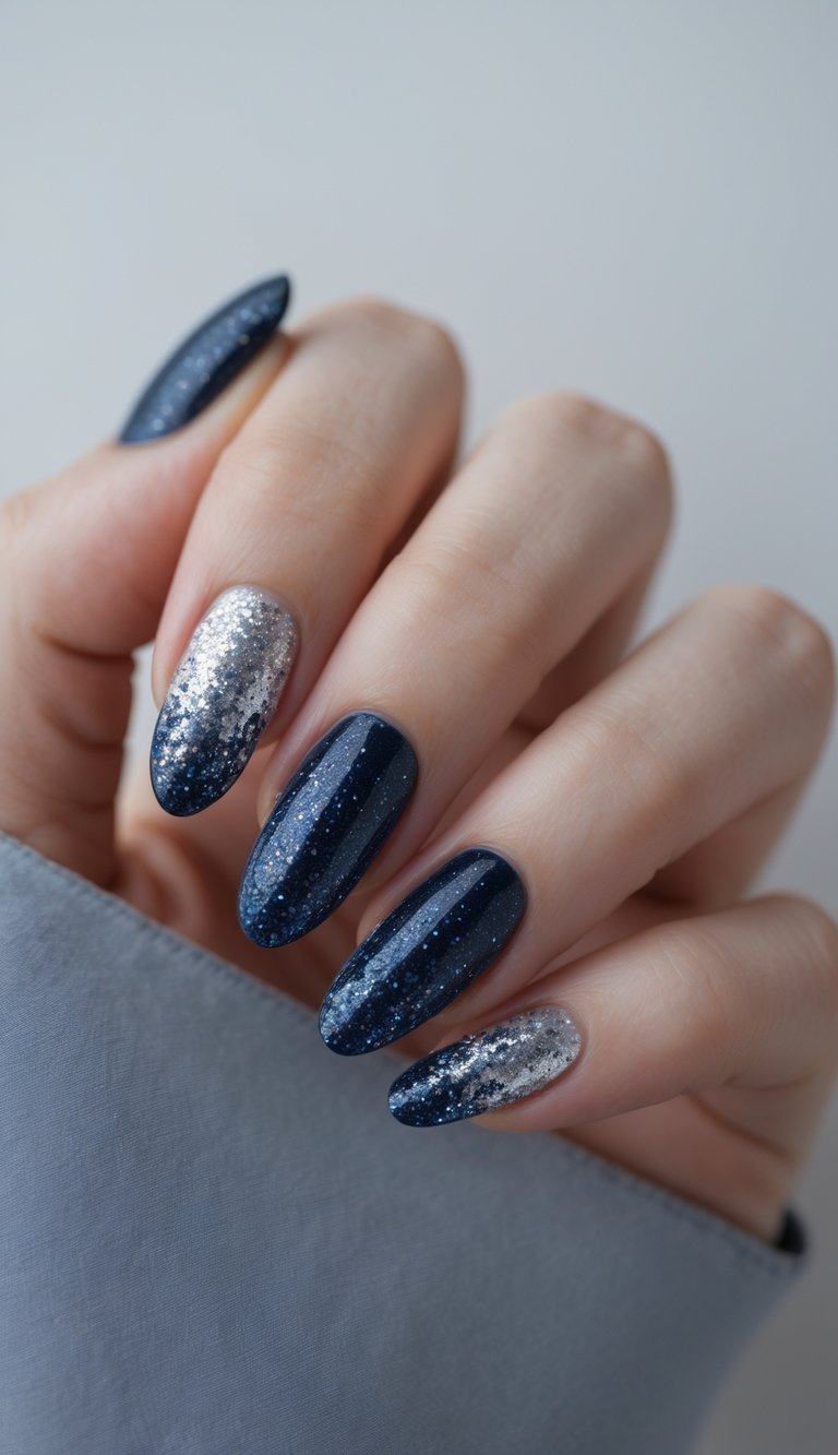 Close-up of one hand with navy blue nails decorated with silver glitter on a white background.