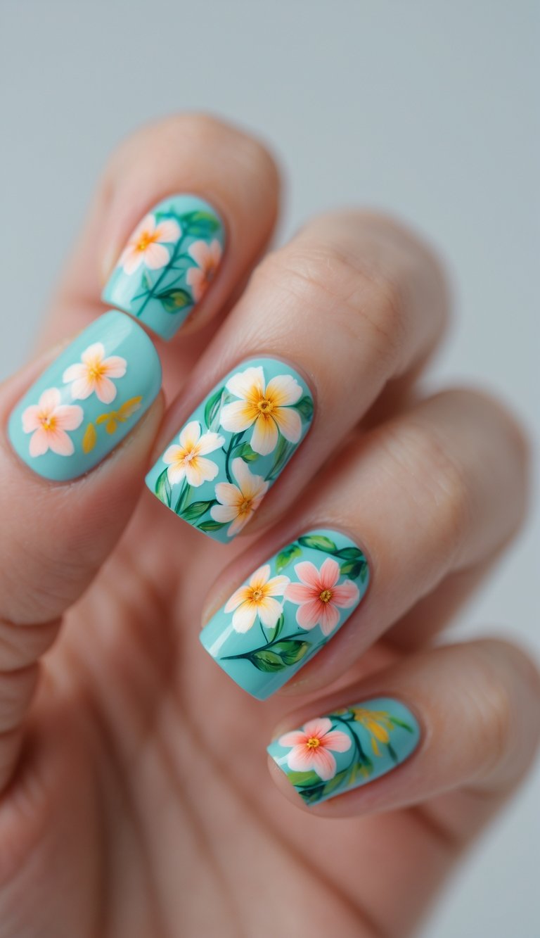 Close-up of one hand with nails painted in colorful summer flower designs against a white background.