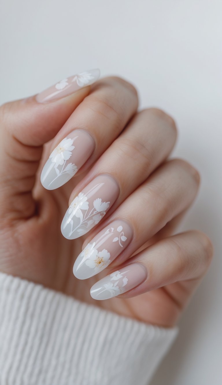Close-up of one hand with milky white and pastel nails featuring floral and abstract nail art on a white background.