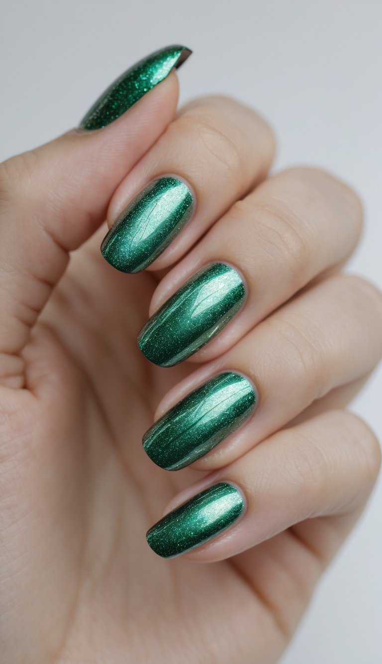 Close-up of one hand with emerald green metallic finished nails against a white background.