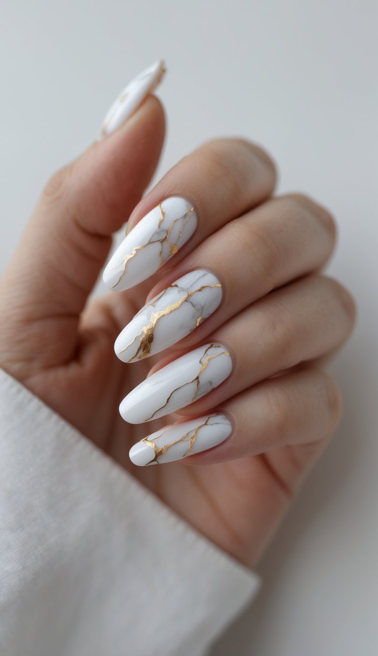 Close-up of one hand with white marble and gold vein nail art against a white background.