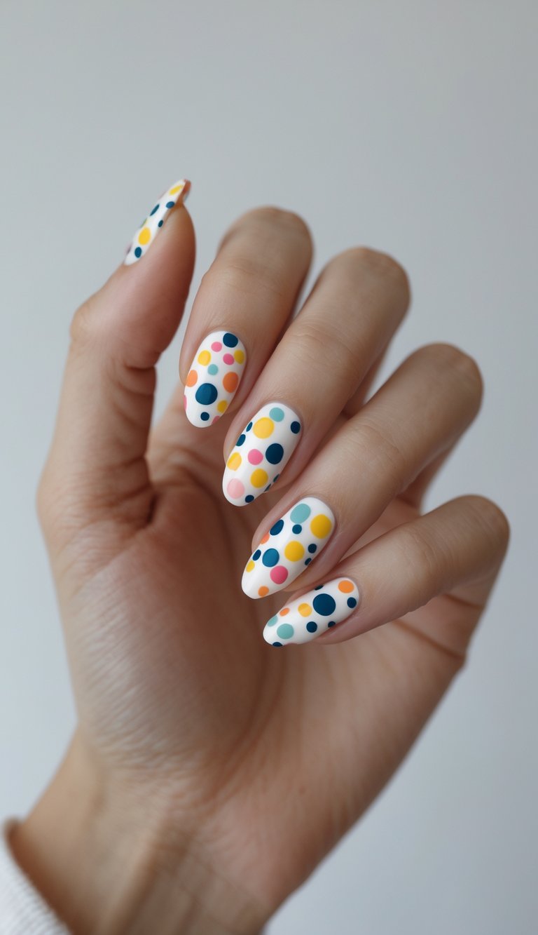 Close-up of a single hand with nails painted in colorful polka dot patterns on a white background.