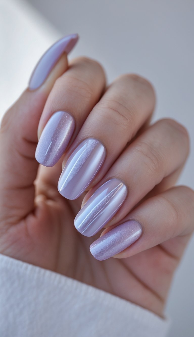 Close-up of one hand with pearlescent lilac detailed nail art against a white background.