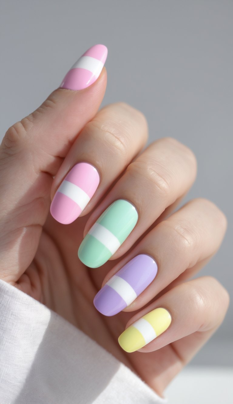 Close-up of one hand with colorful striped nail art on neatly manicured nails against a white background.