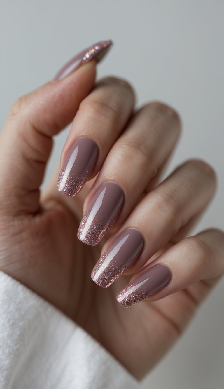 Close-up of one hand with dusky rose nails featuring a glitter fade on a white background.