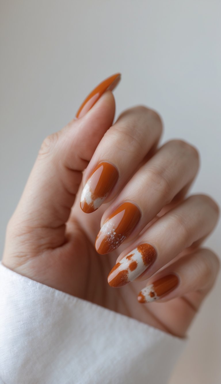 Close-up of one hand with rust orange detailed nail art on a white background.
