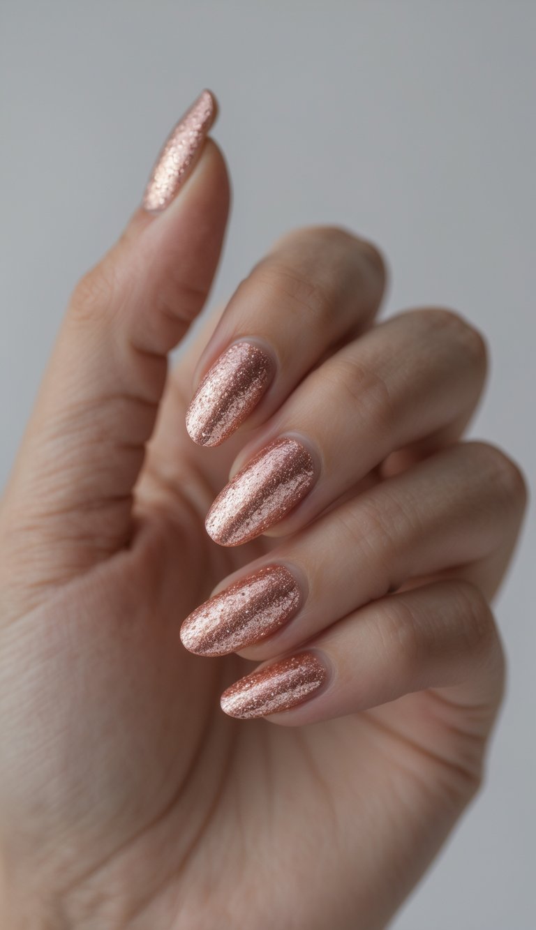 Close-up of one hand with rose gold sparkle nail art on a white background.