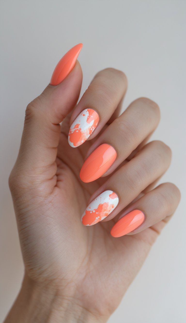 Close-up of one hand with bright coral nails featuring detailed nail art against a white background.